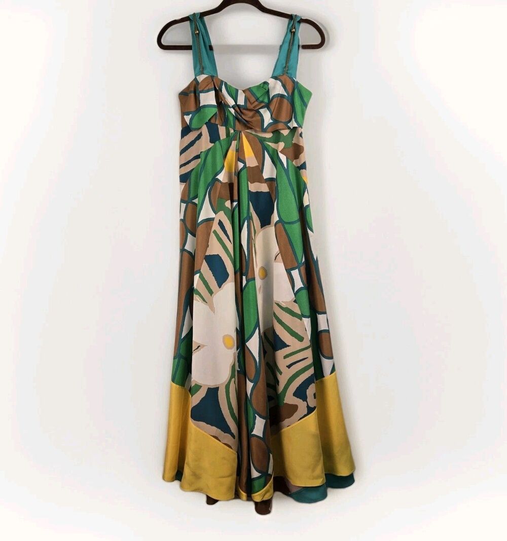 DVF Diane Von Furstenberg Silk Maxi Dress Sz 4 Abstract Print Teal Green
